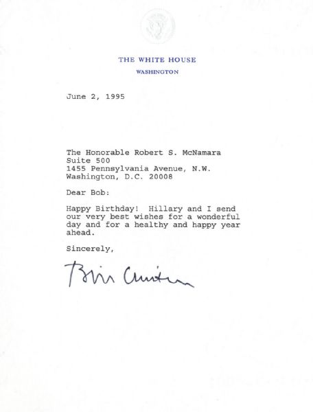 Rare Letter Signed ''Bill Clinton'' as President -- Written to Vietnam Defense Secretary Robert McNamara