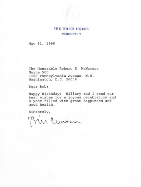 Bill Clinton Typed Letter Signed ''Bill Clinton'' as President -- to Robert McNamara