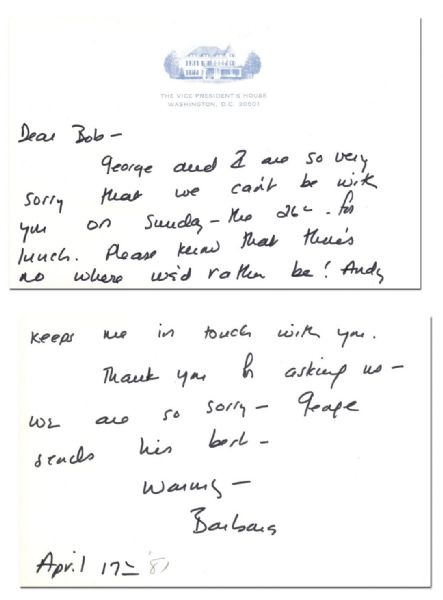 Barbara Bush Autograph Letter Signed to Robert McNamara -- ''George and I are so very sorry that we can't be with you on Sunday...there's no where we'd rather be!...''