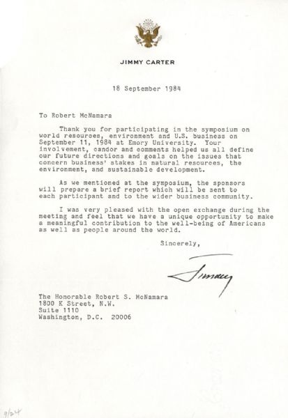 Jimmy Carter Typed Letter Signed to Robert McNamara -- ''...Thank you for participating in the symposium on world resources...'' -- 1984