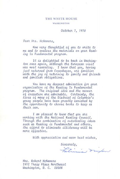 First Lady Pat Nixon Typed Letter Signed to Wife of Robert McNamara -- ''...You have my deepest admiration...'' -- 1970