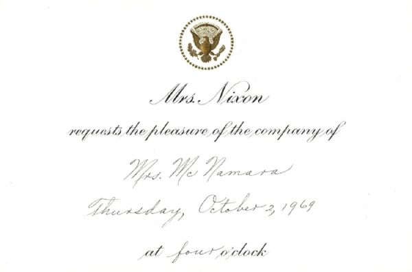 First Lady Pat Nixon Invitation to Robert McNamara's Wife