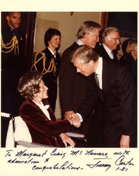 President Jimmy Carter Signed Photo, Inscribed to Margaret McNamara -- Photo Shows Carter Shaking Margaret McNamara's Hand When He Awarded Her the Presidential Medal of Freedom