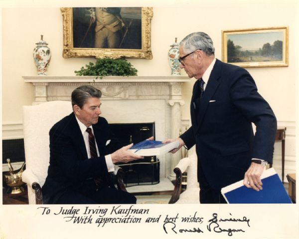 President Ronald Reagan Signed 10'' x 8'' Photo to Federal Judge Irving Kaufman
