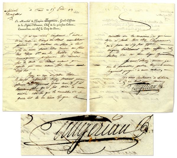 Napoleon's Marshal, Charles Pierre Francois Augereau Autograph Letter Signed -- ''...I received from the Emperor the order to go to the Camp at Brest...''