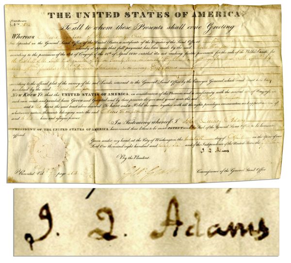 John Quincy Adams 1826 Land Grant Signed as President