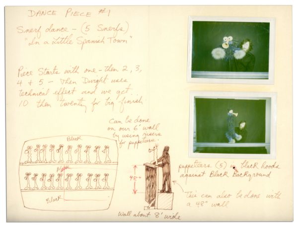 Jim Henson 1974 ''Muppets'' Character Sketch -- Henson Pitches His ''Muppets'' Before They Got Their Own Television Show -- Includes Two Polaroids of Henson Posing With the Snerf Puppets