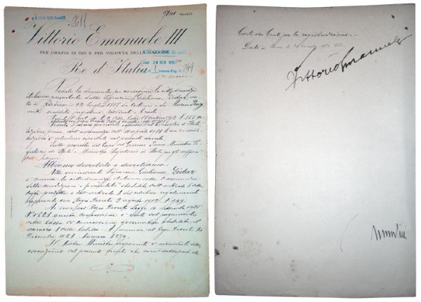 Document Signed by Both Benito Mussolini & the King of Italy Vittorio Emmanuele III -- 1935