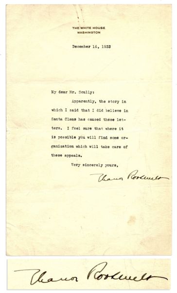 Eleanor Roosevelt Typed Letter Signed on White House Stationery -- ''...Apparently, the story in which I said that I did believe in Santa Claus has caused these letters...''