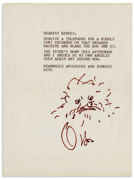 Orson Welles Typed Letter Signed & Self-Portrait Sketch -- ''...Forgive a telephobe for a rudely curt exchange...I should be my own angelic self again any second now...''