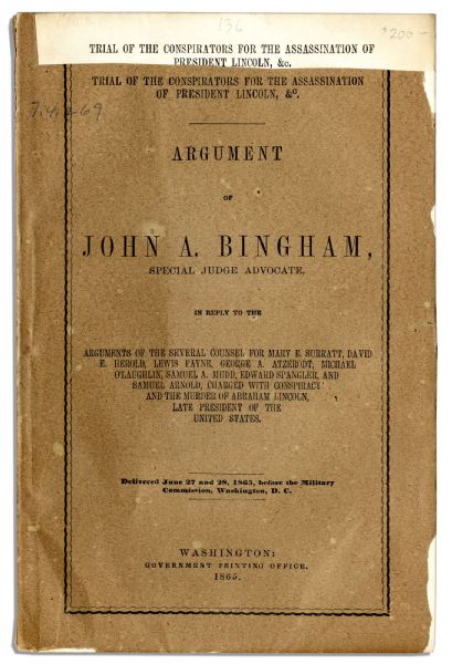 Lincoln Assassination Trial Text -- Scarce 1865 First Edition Transcript of Prosecutor John A. Bingham's Victorious Closing Argument