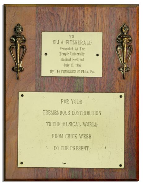 Plaque Presented to ''The First Lady of Song'' Ella Fitzgerald in 1968