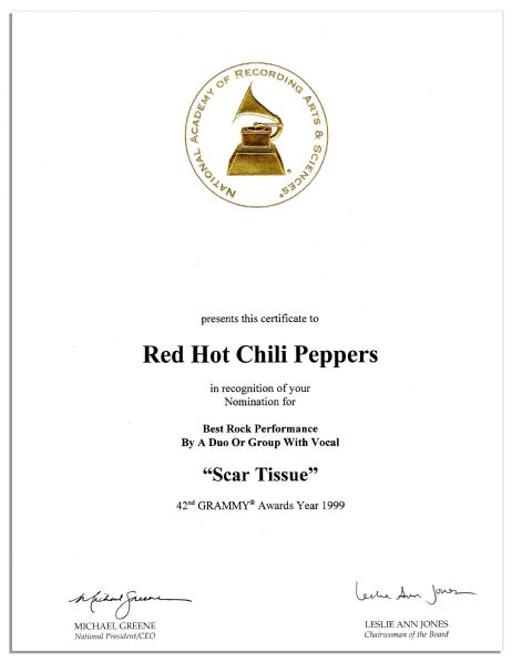 Grammy Nomination Certificate Presented to ''Red Hot Chili Peppers'' in the Category of ''Best Rock Performance by a Duo or Group With Vocal'' for Their Song ''Scar Tissue'' -- Fine