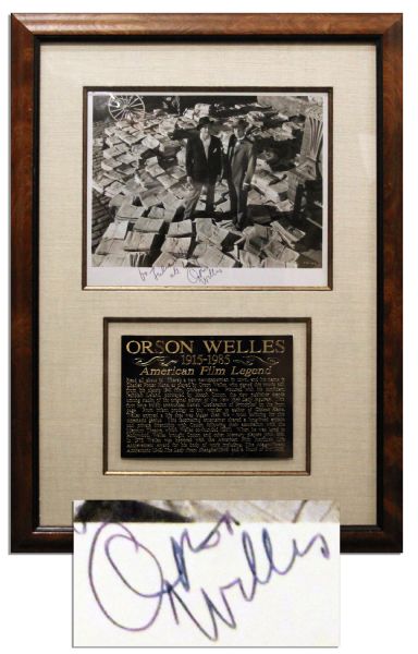 Orson Welles Signed 10'' x 8'' ''Citizen Kane'' Photo -- Welles as Kane Stands With Actor Joseph Cotton Among Stacks of ''The New York Daily Inquirer''