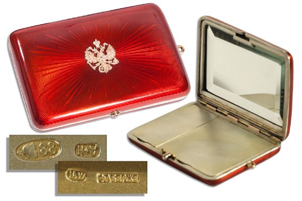 Captivating Vintage Faberge Red Enameled Guilloche Mirrored Vanity Case -- Accented With Diamonds & Gold Imperial Eagle -- Circa 1908-1915