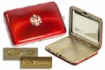 Captivating Vintage Faberge Red Enameled Guilloche Mirrored Vanity Case -- Accented With Diamonds & Gold Imperial Eagle -- Circa 1908-1915
