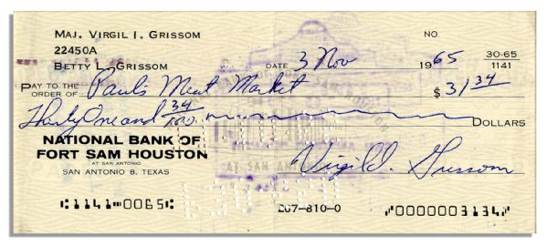 Gus Grissom Signed Check From 1965 -- Less Than Two Years Before His Death