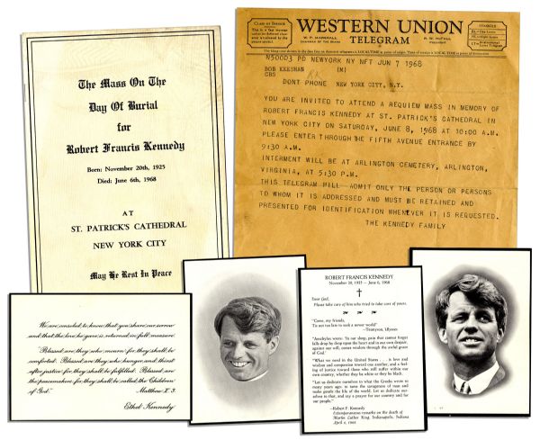 Captain Kangaroo RFK Funeral Lot -- Kennedy Family Telegram, Funeral Mass Program & Ethel Kennedy Printed Thank You Note Sent to Bob Keeshan in 1968