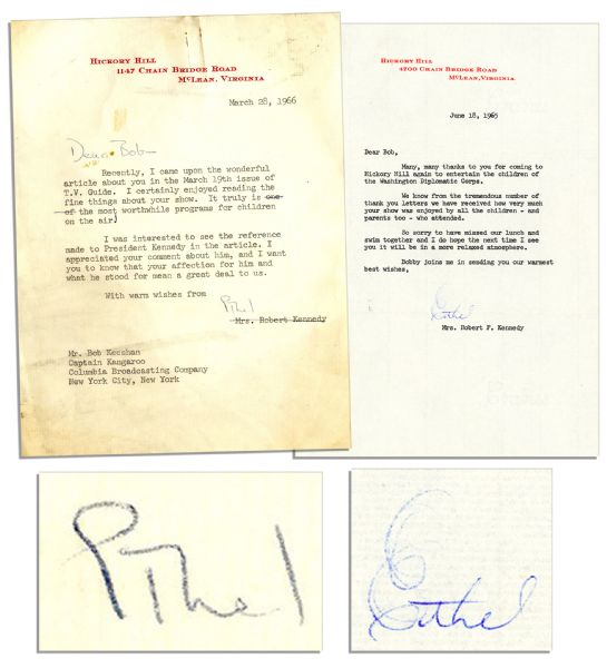 Pair of Ethel Kennedy Letters Signed to Captain Kangaroo -- Thanking Him For a Visit to the Kennedy Estate -- ''...thanks to you for coming to Hickory Hill again to entertain the children...''