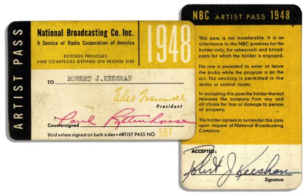 Bob Keeshan Signed 1948 NBC Artist Pass -- From His Howdy Doody Season Debut