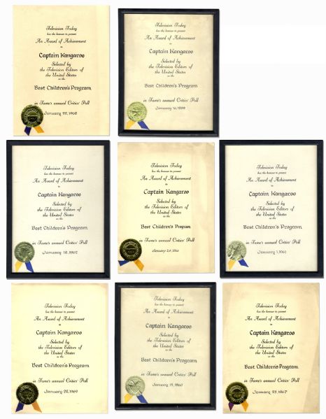 Captain Kangaroo Lot of 8 Award Certificates Bestowed by ''Television Today''