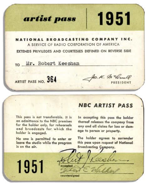 Bob Keeshan Signed 1951 NBC Artist Pass -- From His Days on ''Howdy Doody''