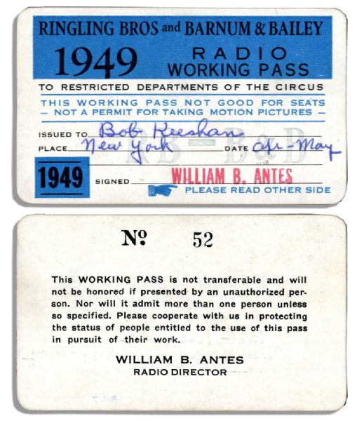 Bob Keeshans 1949 Radio Working Pass -- So He Can Work at the Ringling Bros. and Barnum & Bailey Circus