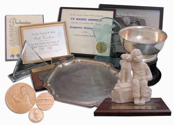 Captain Kangaroo Lot of 10 Awards -- Plus Three Commemorative Medallions & Custom Granite Paperweight -- Spanning 1957 Through 1995