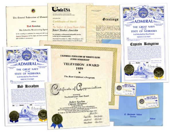 Bob Keeshan Lot of 7 Award Certificates -- Includes San Francisco Mayor George Moscone Signed Document
