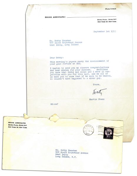 1955 Bob Keeshan Congratulations Letter From ''Howdy Doody'' Producer Martin Stone -- ''...if we were to be bested, it couldn't have happened to a nicer guy...'' -- Excellent Early TV Letter