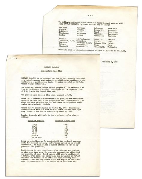 Captain Kangaroo Ad Sales Document From Its First Year, 1955