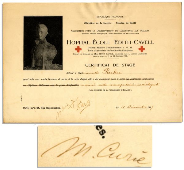 Amazing Marie Curie Signed Radiology Training Certificate