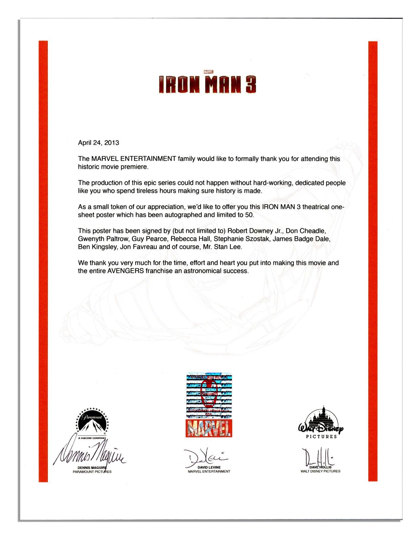 Lot Detail Rare Iron Man 3 Signed Movie Poster Includes Robert Lot Detail Rare Iron Man 3 Signed Movie Poster Includes Robert