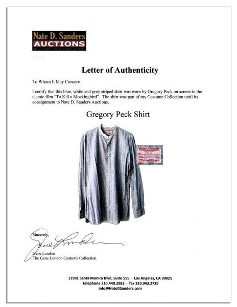Gregory Peck Screen-Worn Shirt From Oscar Winning Role as Atticus Finch In ''To Kill A Mockingbird'' -- One of the Most Respected Performances of All Time