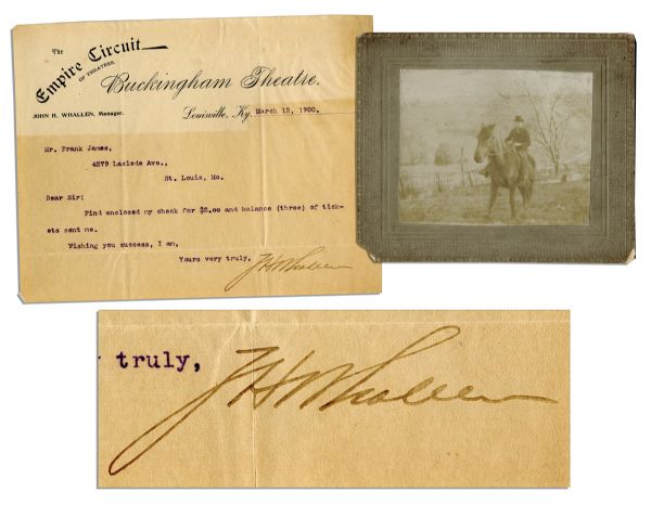 Notorious Wild West Outlaw, Frank James Lot -- Letter Sent to Him by the Theater Manager Where He Worked After His Acquittal of Armed Robbery Charges -- With Photo of James on Horseback