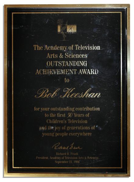 Emmy Plaque Honoring Bob Keeshan's Contribution to the First 50 Years of Children's Television as Captain Kangaroo