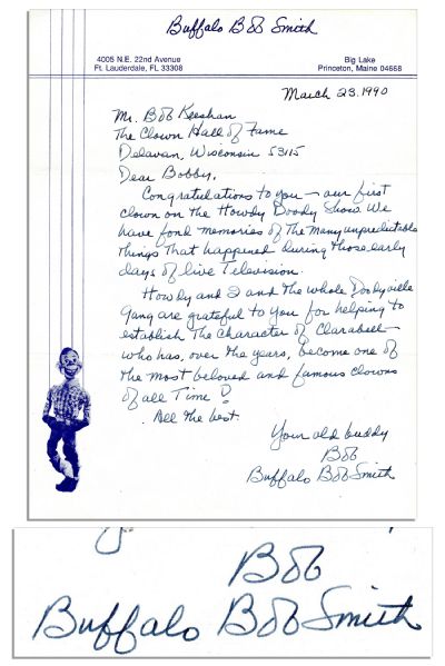 Howdy Doody's Bob Smith Autograph Letter Signed to Bob Keeshan -- ''...Congratulations to you -- our first clown on the Howdy Doody Show...one of the most beloved and famous clowns of all time!''