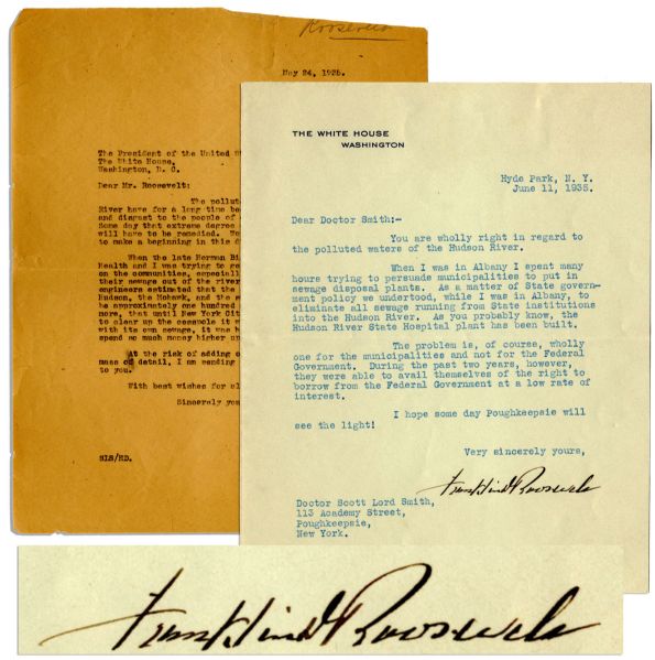 President Franklin Roosevelt Letter Signed -- ''...You are wholly right in regard to the polluted waters of the Hudson River...the problem is...for the municipalities not the Federal Government...''