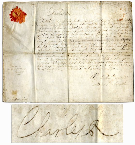 King Charles II Document Signed From 1680 -- With Correction in His Hand Mentioning His Illegitimate Son Charles FitzCharles, 1st Earl of Plymouth