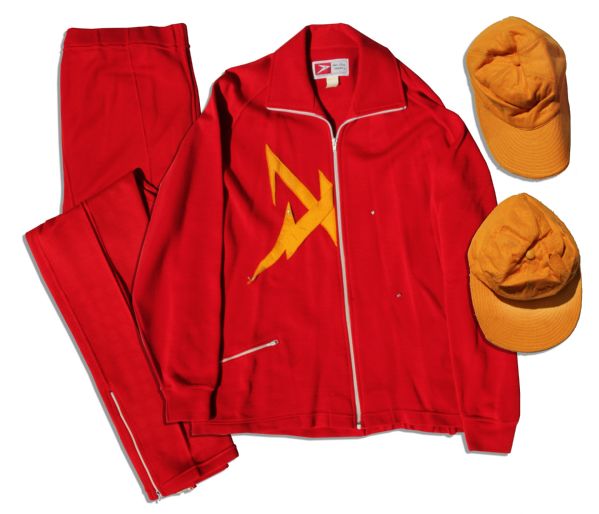 Captain Kangaroo Bright Red Screen-Worn Costume -- With Lightning Bolt Design & Bold Yellow Hats