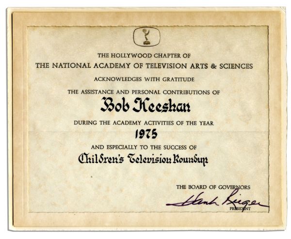Emmy Certificate Awarded to Bob Keeshan in 1975