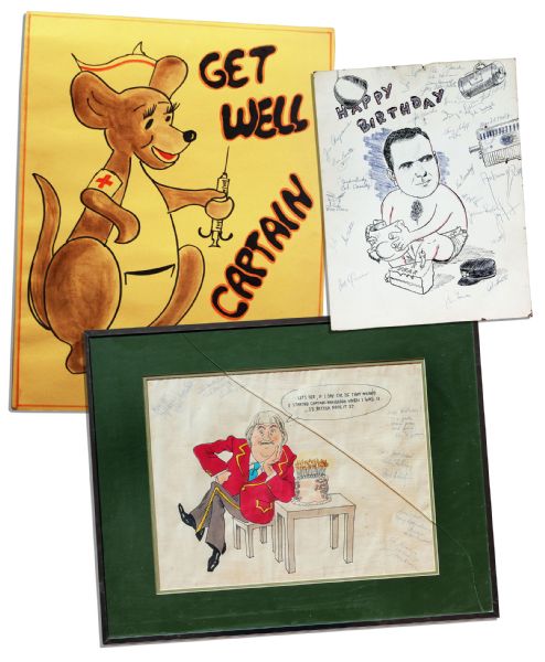 Three Cards Given to Bob Keeshan Regarding Captain Kangaroo -- One From All His Cast Mates & Signed by Them