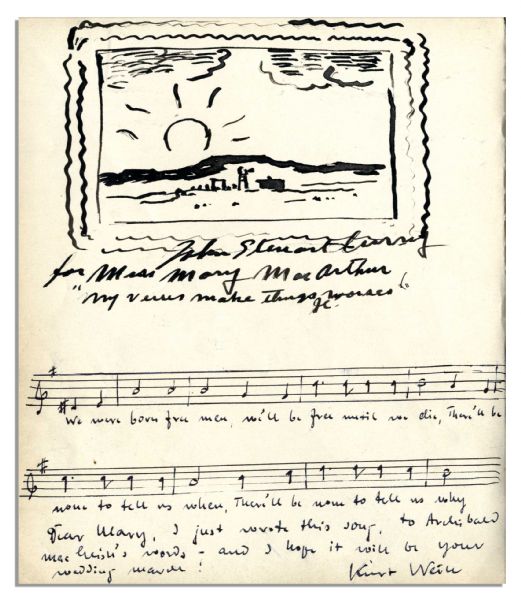 Kurt Weill Autograph Manuscript Quotation Signed for ''Song of the Free'' -- Also With John Steuart Curry Original Drawing Signed
