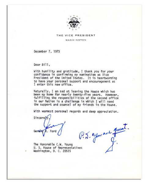 Rare Gerald Ford Letter Signed as Vice President -- One Day After Taking the VP Oath Of Office -- ''...I am sad leaving the House which has been my home for nearly twenty-five years...''