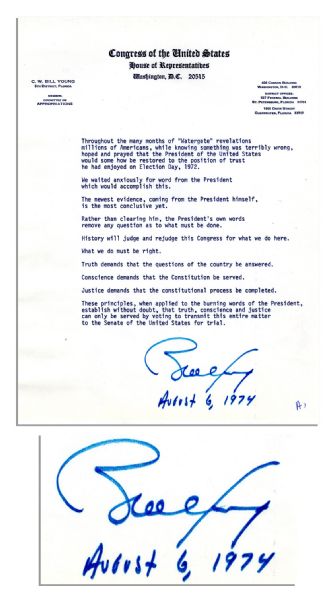 Bill Young Signed Speech Regarding Watergate -- ''...Rather than clearing him, the President's own words remove any question as to what must be done...''