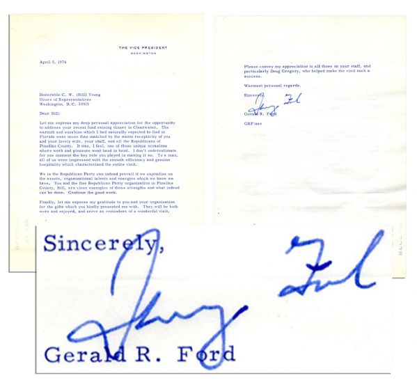 Rare Gerald Ford Letter Signed as Vice President in 1974 -- ''...We in the Republican Party can indeed prevail...''