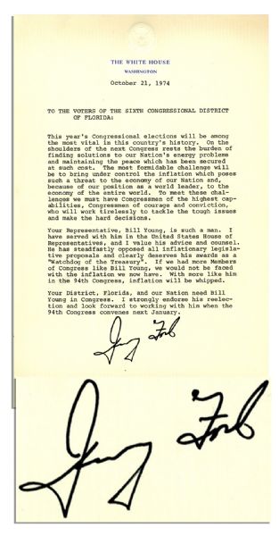 Gerald Ford Signed Endorsement as President -- ''...If we had more members of Congress like Bill Young, we would not be faced with the inflation we now have...''