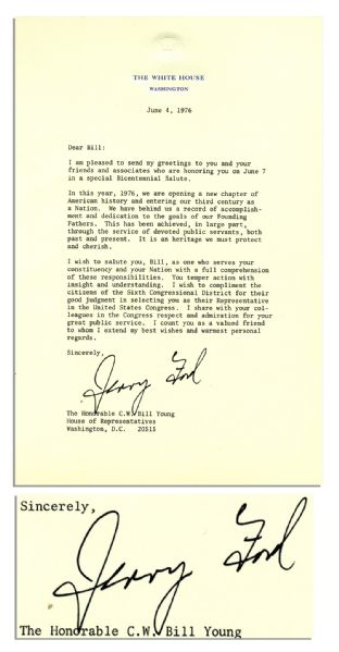 President Gerald Ford Signed Bicentennial Wishes From 1976 -- ''...We have behind us a record of accomplishment and dedication to the goals of our Founding Fathers...''