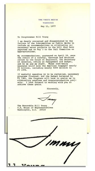 Jimmy Carter 1977 Typed Letter Signed as President -- ''...If wasteful spending is to be curtailed...Congress will have to assist me in eliminating needless and counterproductive projects...''