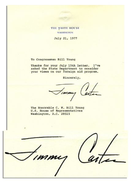 Jimmy Carter Typed Letter Signed as President -- ''...I've asked the State Department to consider your views on our foreign aid program...''